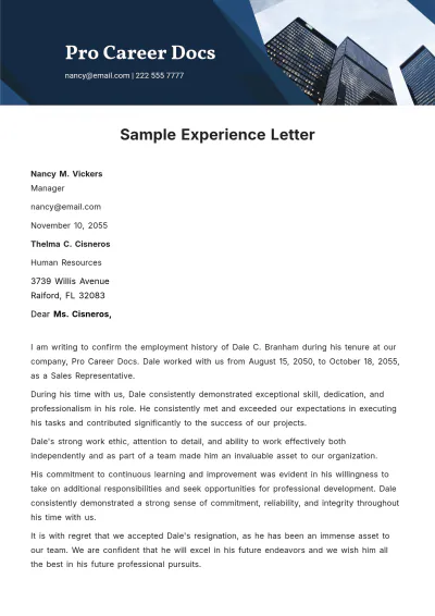 Free Sample Experience Letter   Template to Edit Online