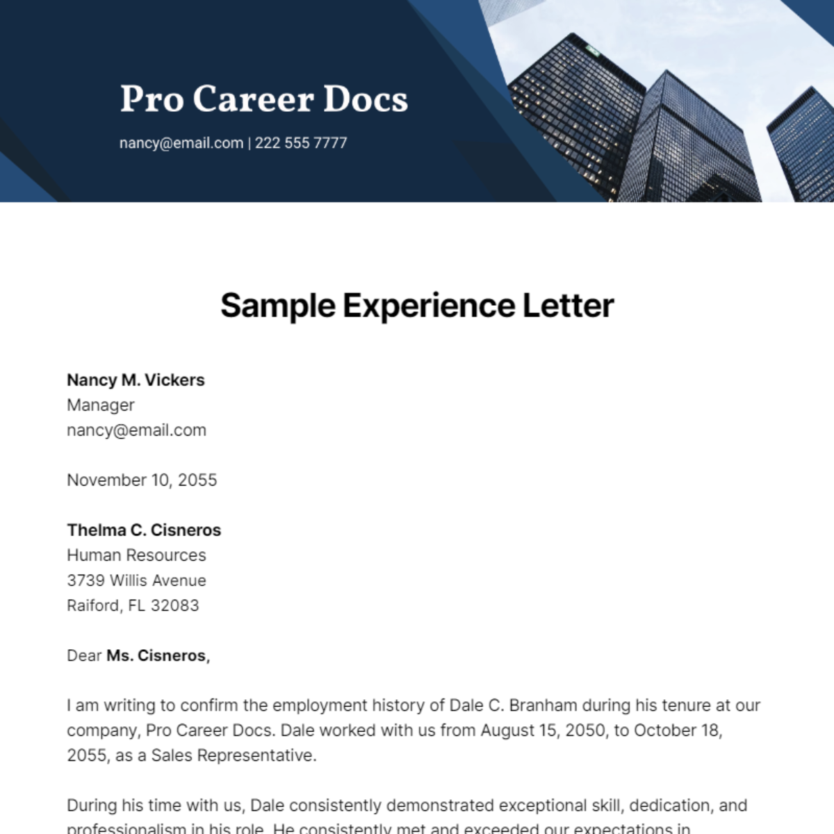 Free Sample Experience Letter   Template