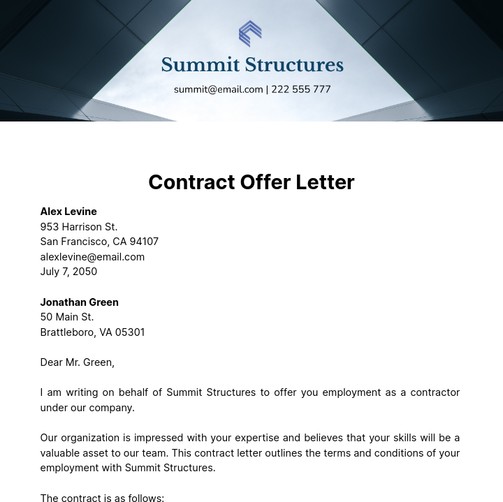 Free Contract Offer Letter   Template