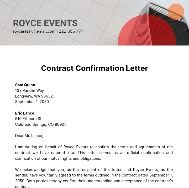 Free Contract Confirmation Letter   Template