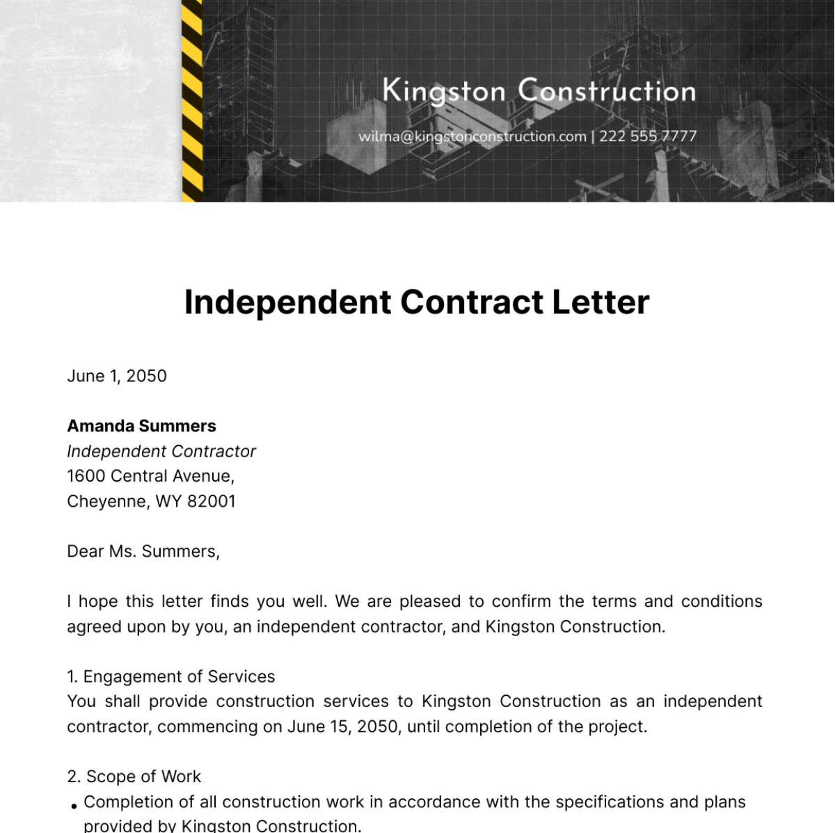 Free Independent Contract Letter   Template
