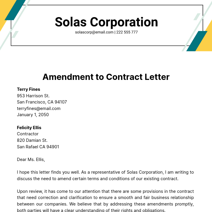 Amendment to Contract Letter   Template