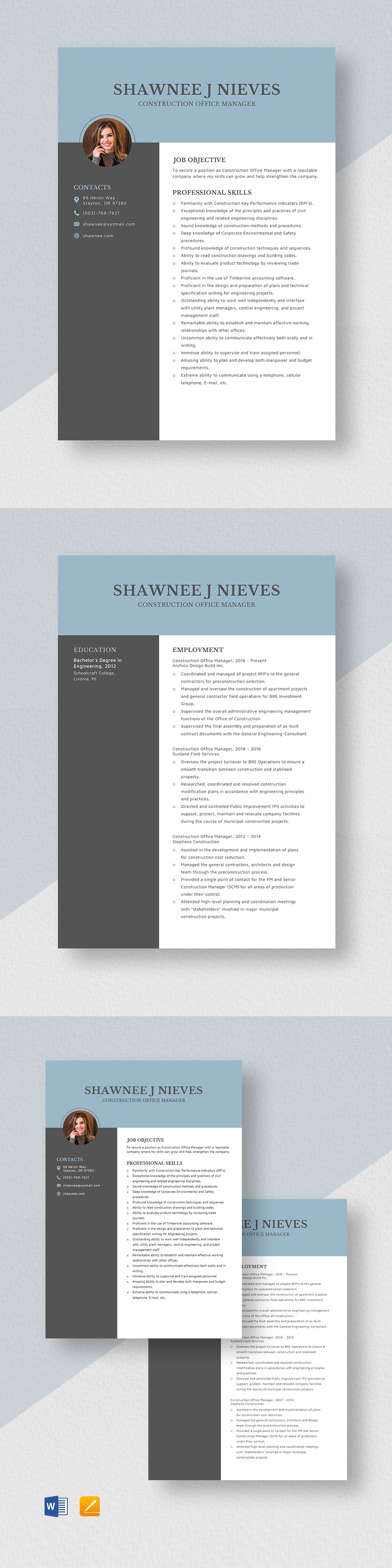 Construction Manager Resume Template Word Apple Pages PSD