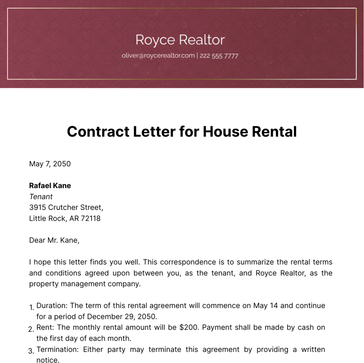 Free Contract Letter for House Rental   Template