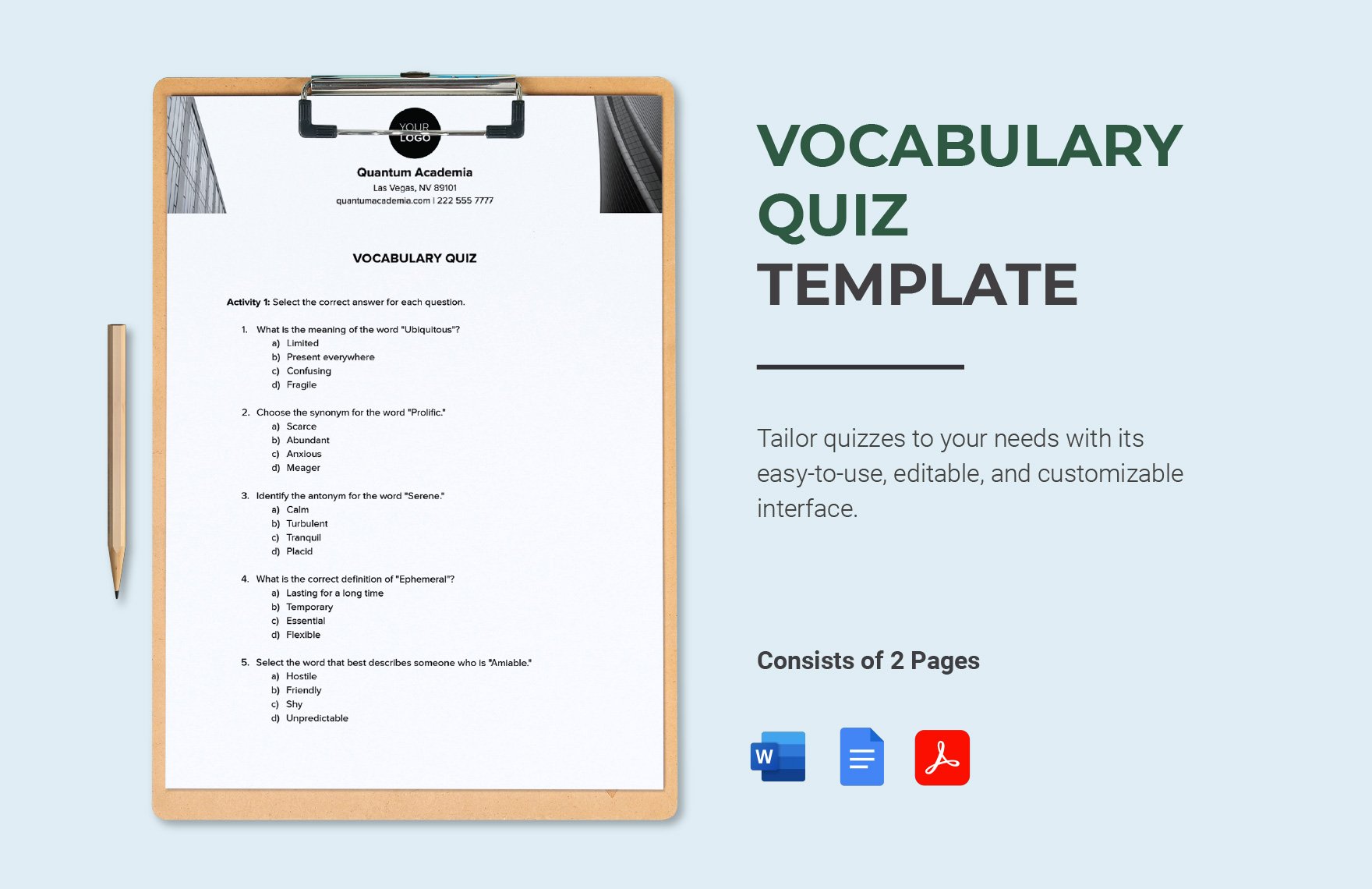 Free Vocabulary Quiz Template in Word, Google Docs, PDF