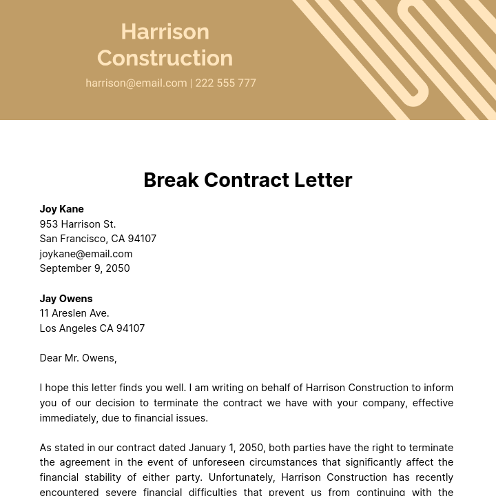 Free Break Contract Letter   Template