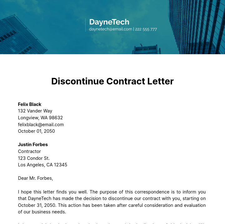 Discontinue Contract Letter   Template