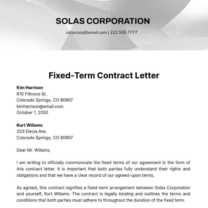 Fixed Term Contract Letter   Template