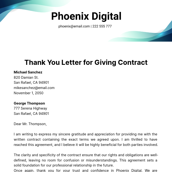 Free Thank you Letter for Giving Contract   Template