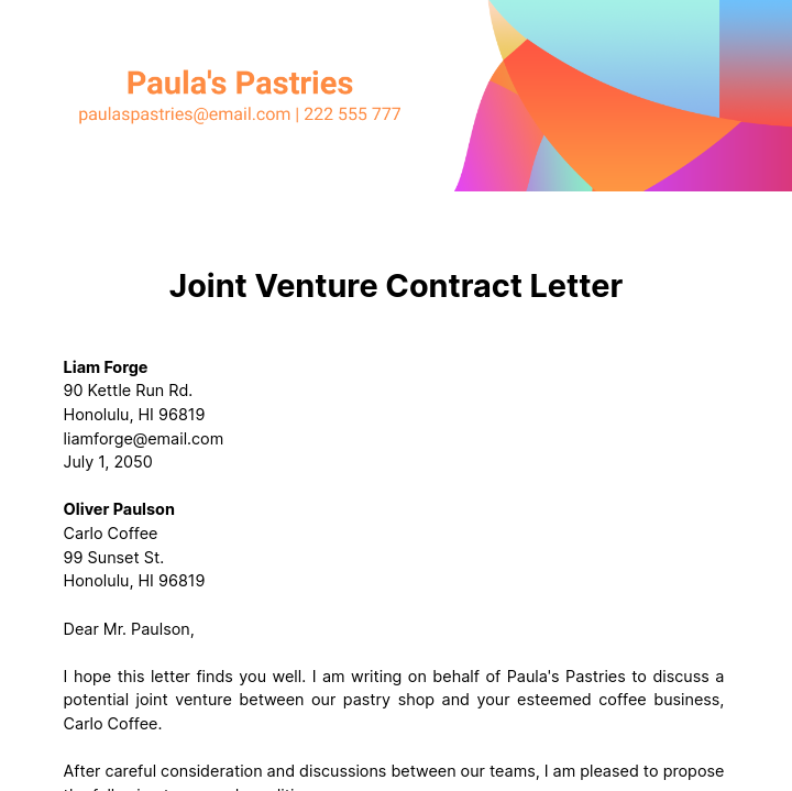 Free Joint Venture Contract Letter   Template
