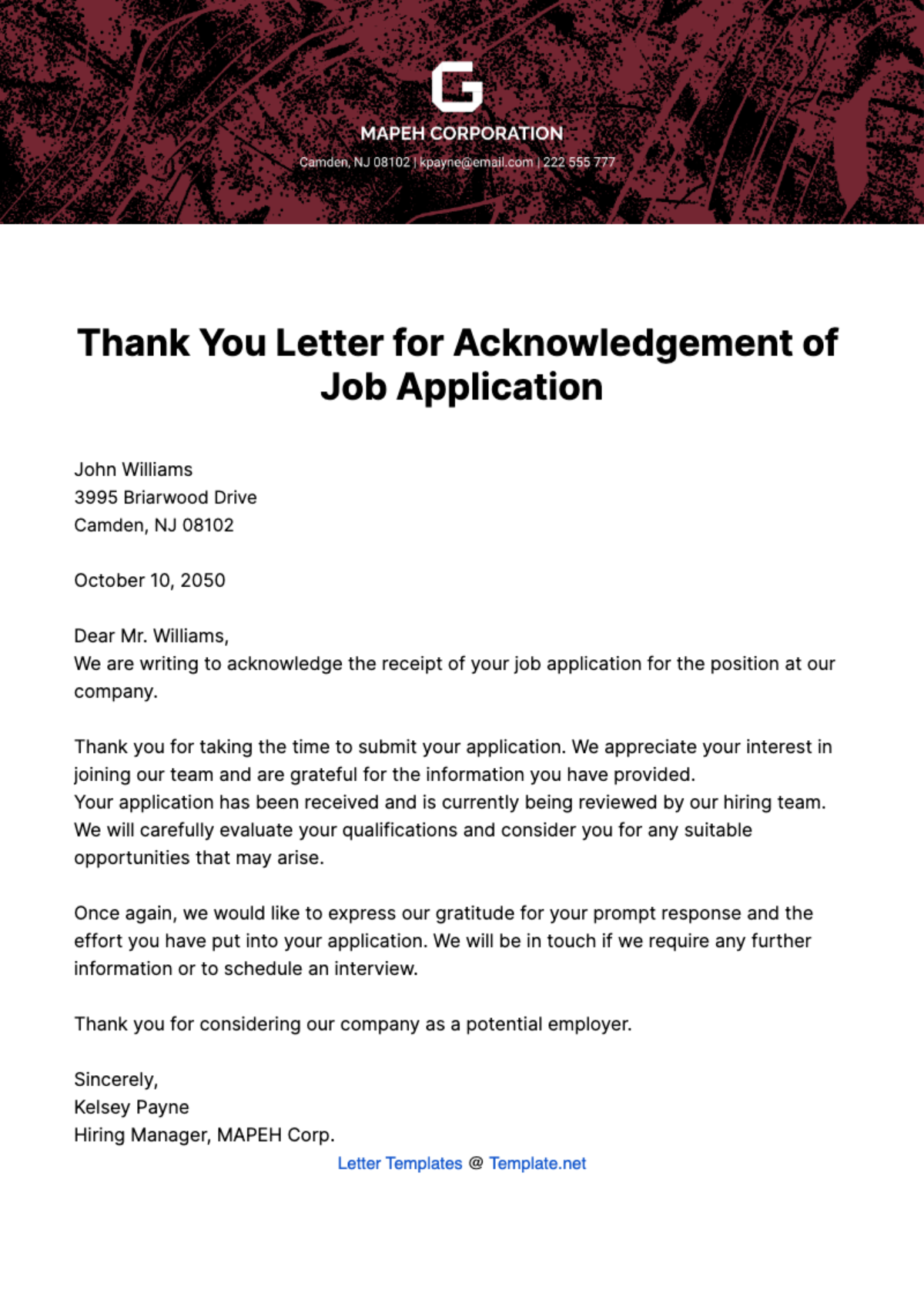 Thank you Letter for Acknowledgement of Job Application Template