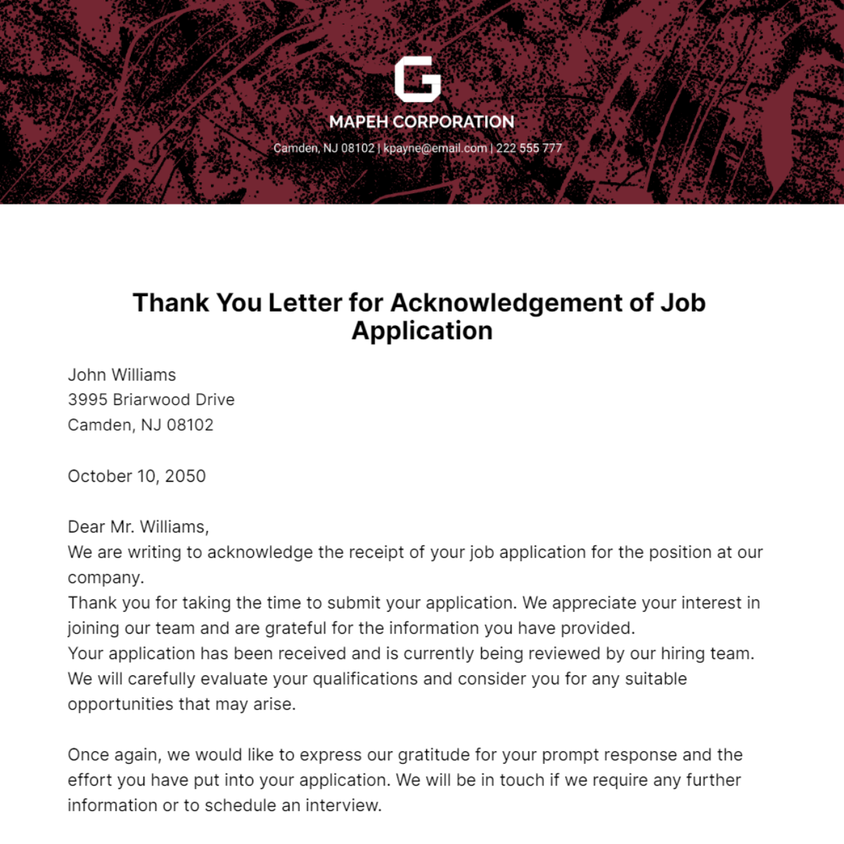 Thank you Letter for Acknowledgement of Job Application Template