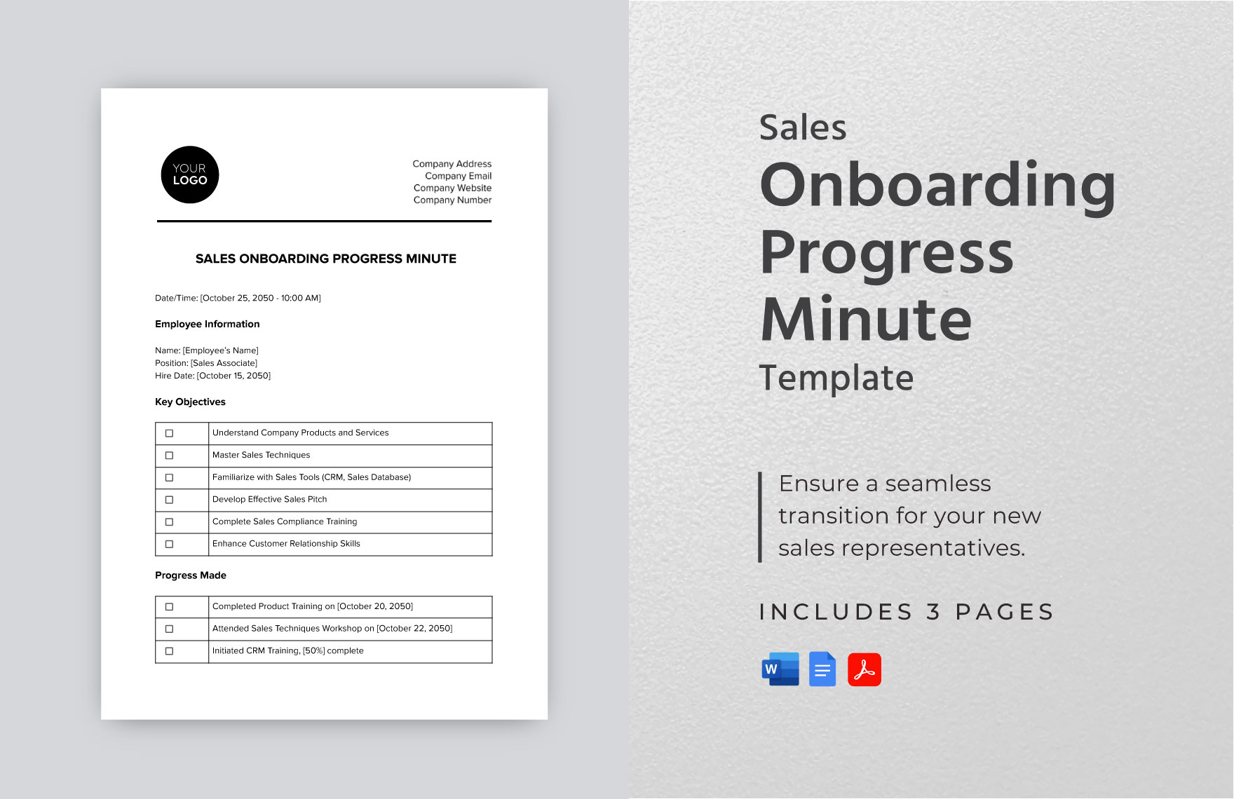 Sales Onboarding Progress Minute Template in Word, Google Docs, PDF