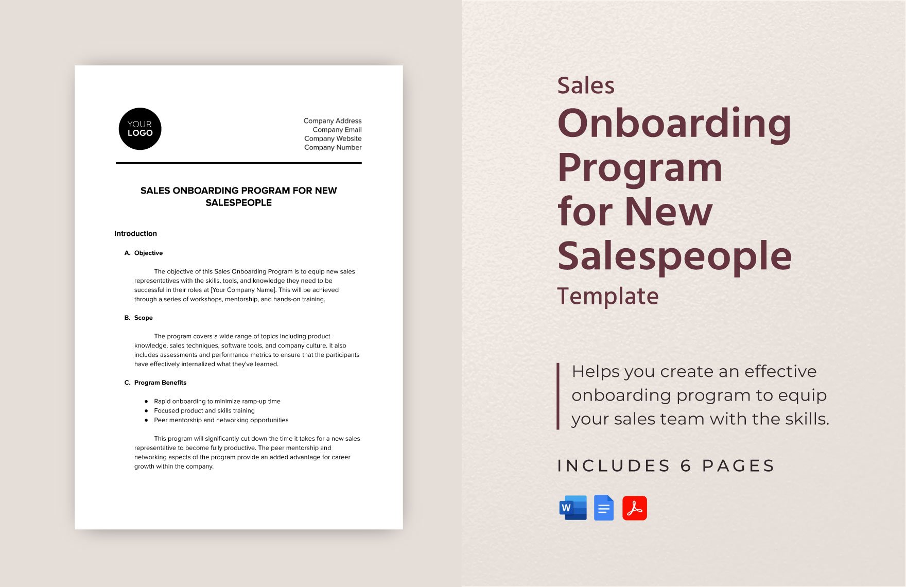 Sales Onboarding Program for New Salespeople Template in Word, Google Docs, PDF