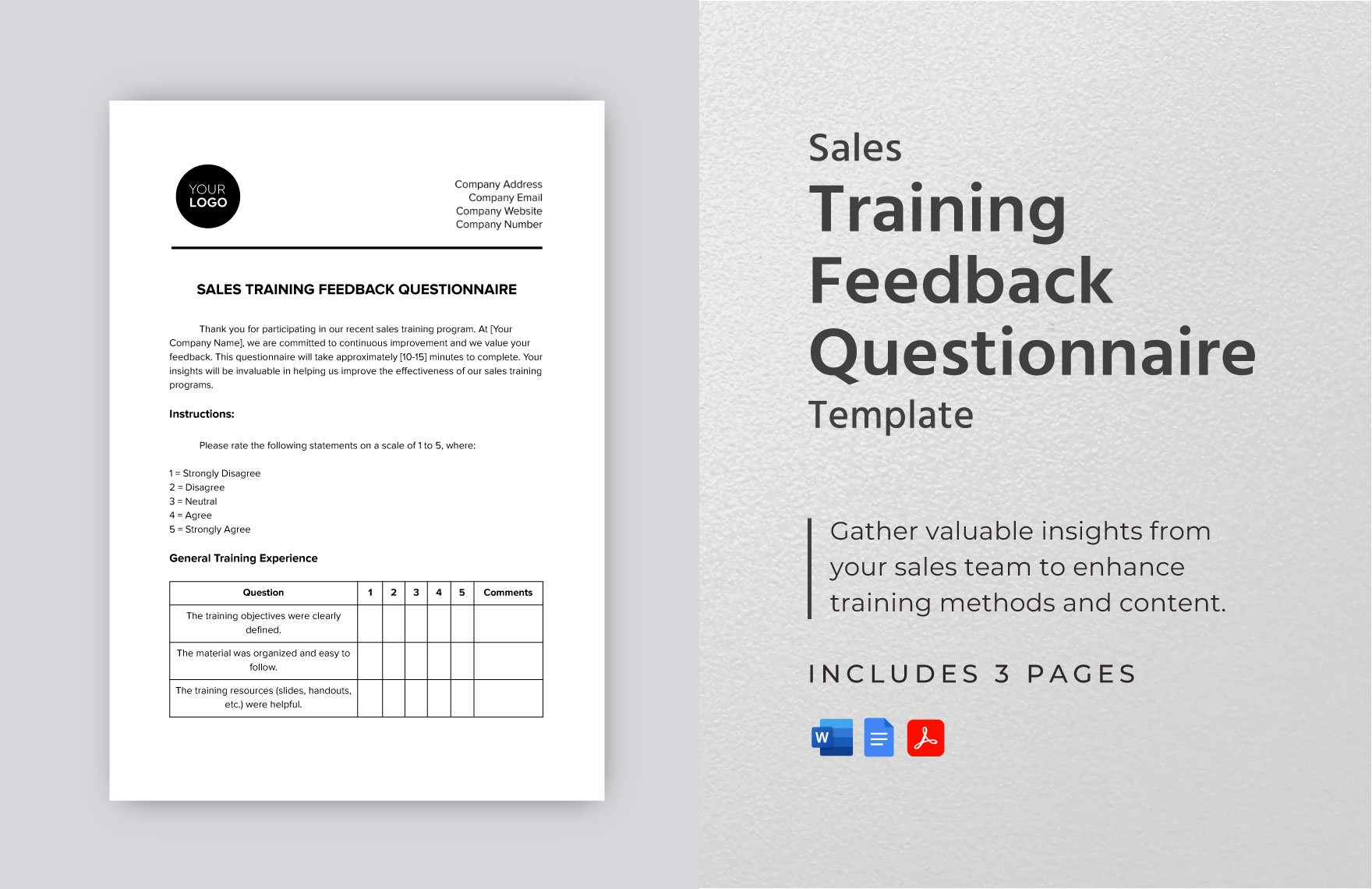 Sales Training Feedback Questionnaire Template in Word, Google Docs, PDF