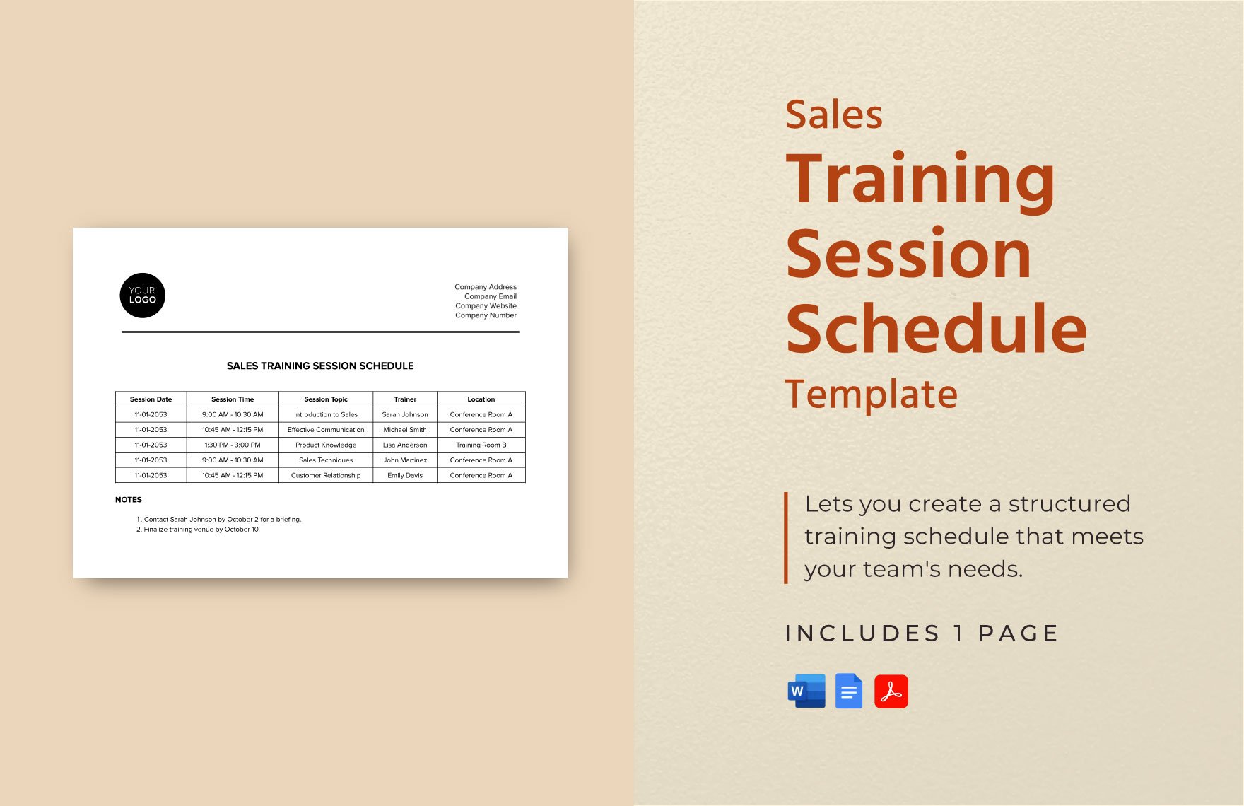 Sales Training Session Schedule Template in Word, Google Docs, PDF