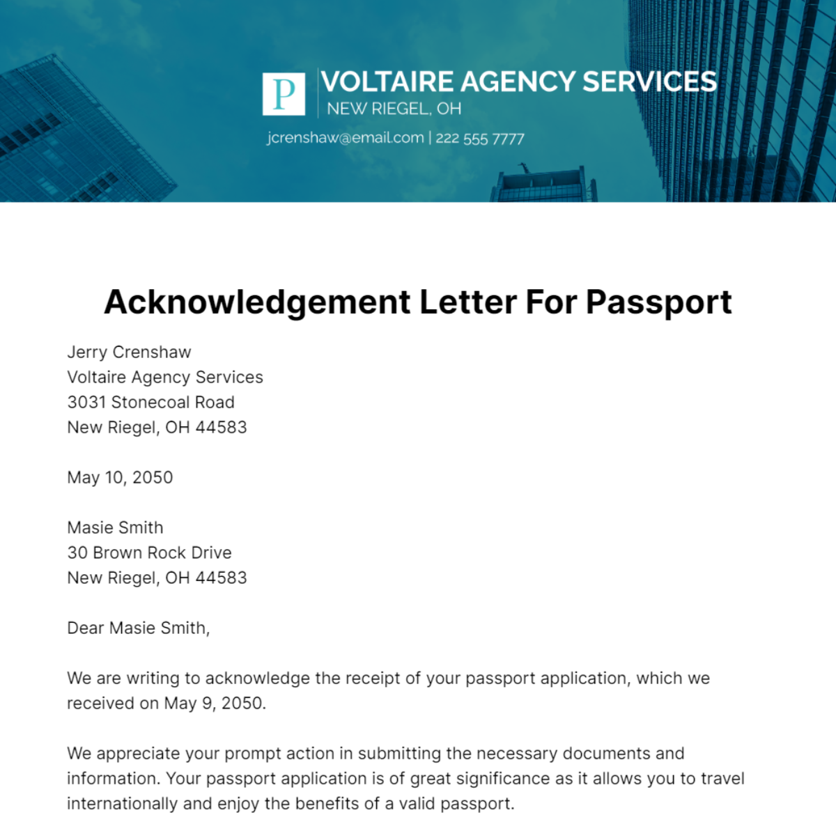 Acknowledgement Letter for Passport  Template
