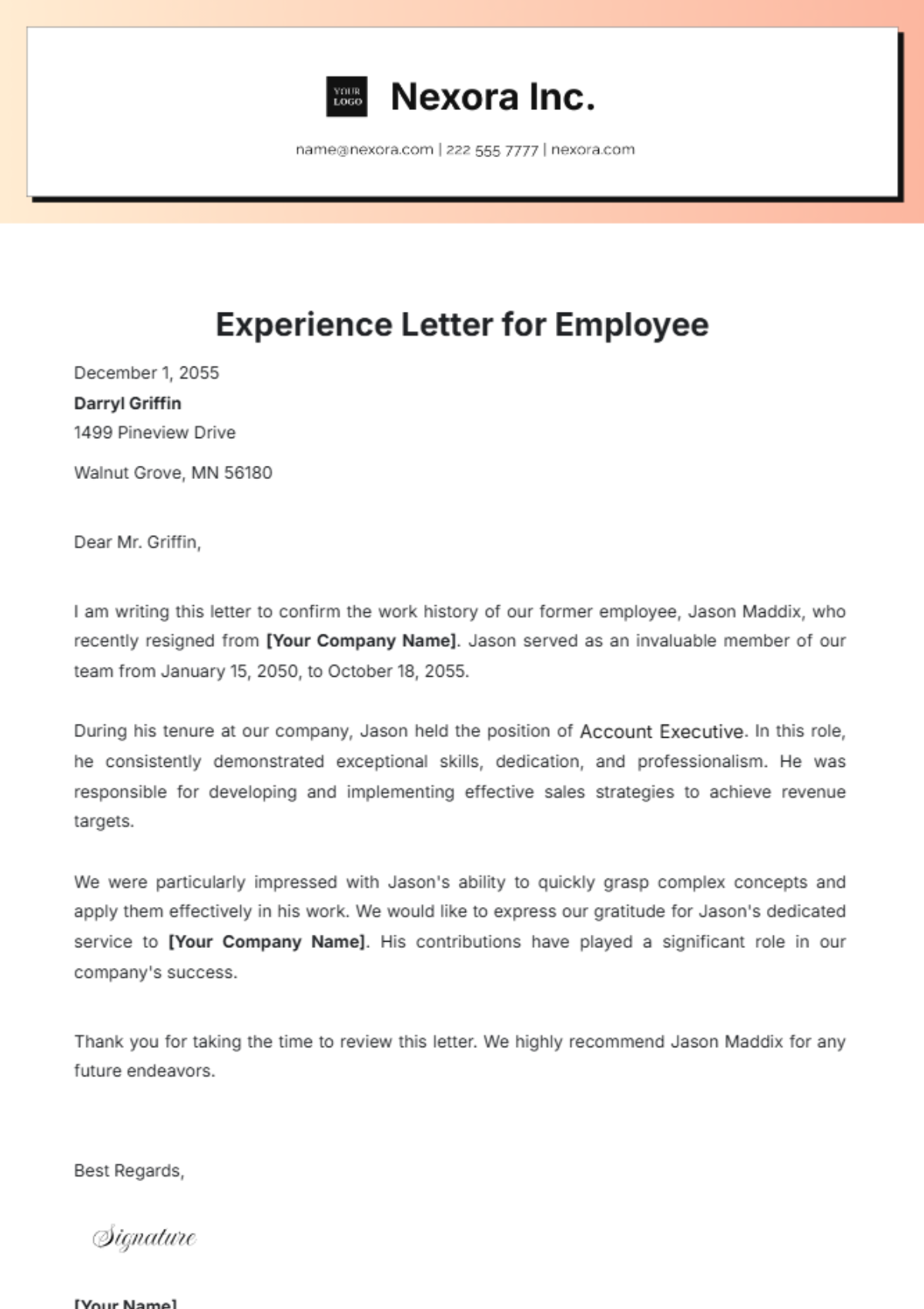 Experience Letter for Employee Template - Edit Online & Download