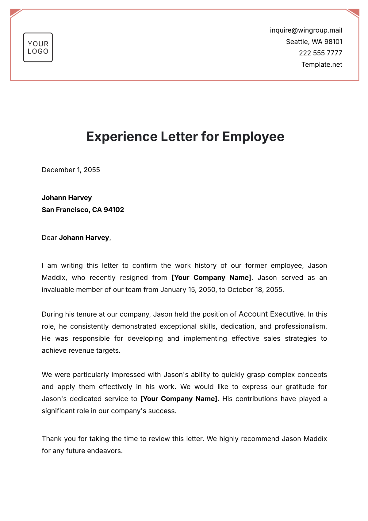 Experience Letter for Employee Template - Edit Online & Download