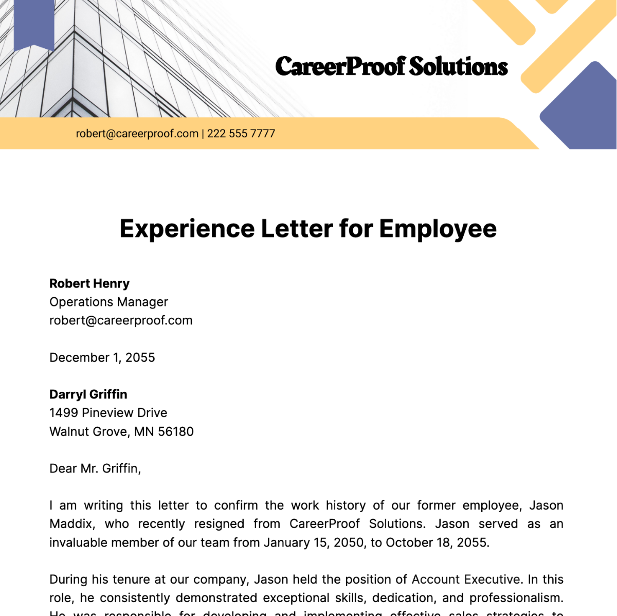 Free Experience Letter for Employee   Template