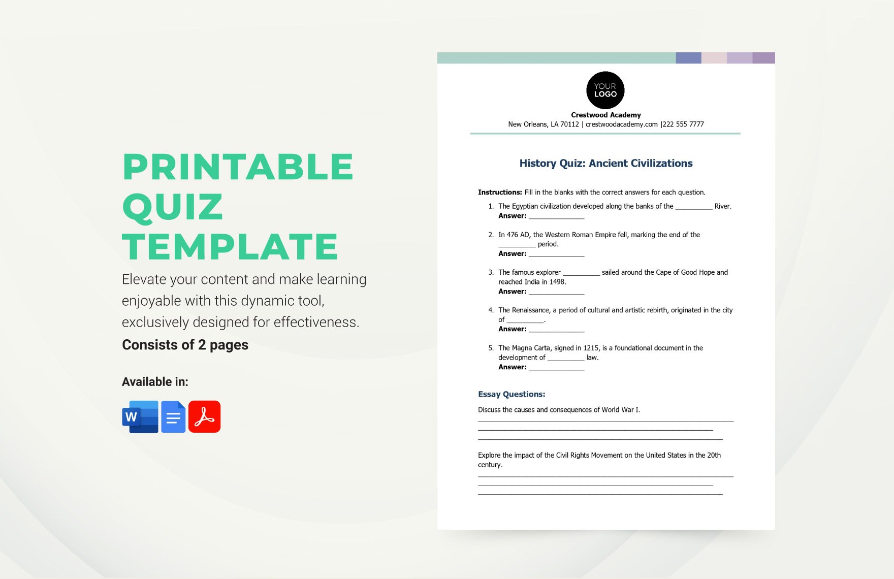 Printable Quiz Template
