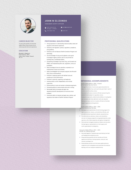 Consumer Safety Officer Resume Download