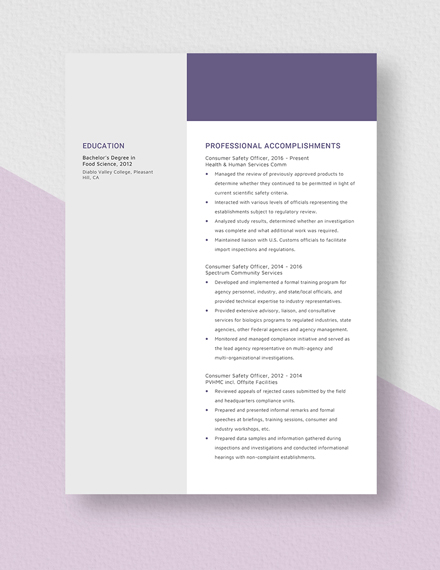 Consumer Safety Officer Resume Template