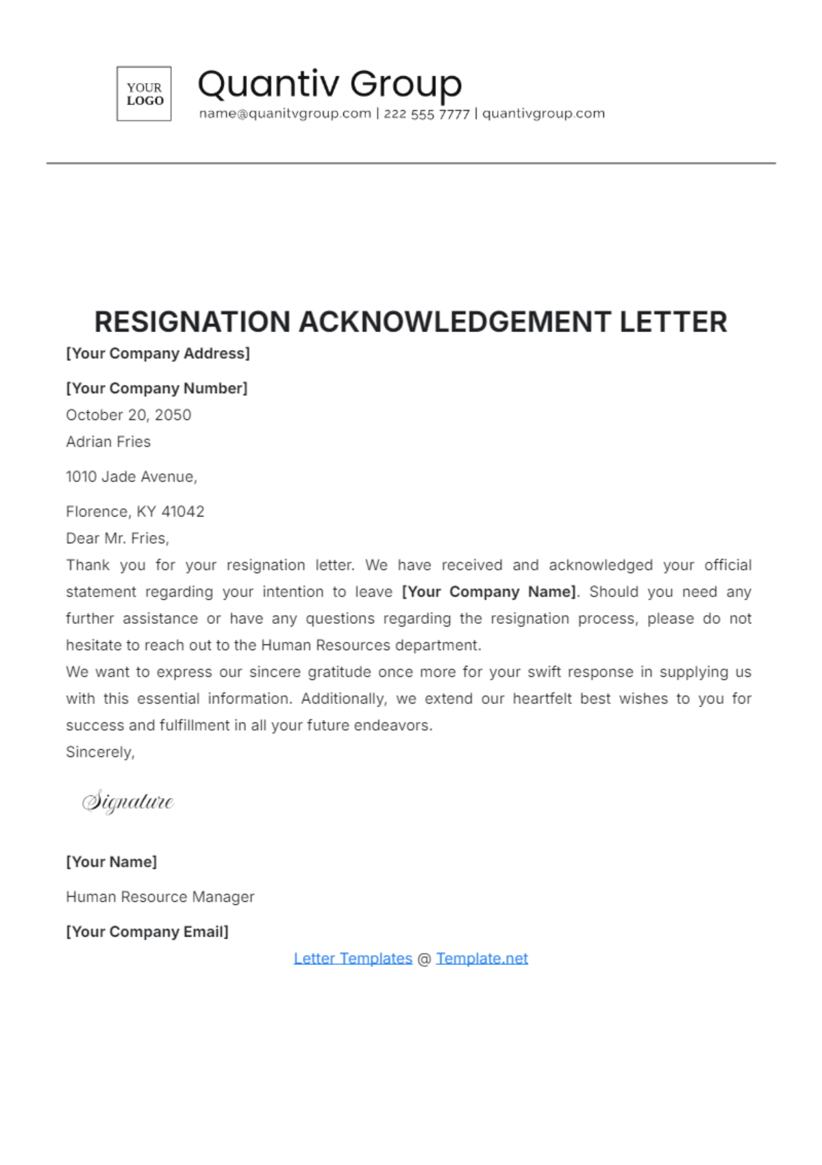 Resignation Acknowledgement Letter Design Template