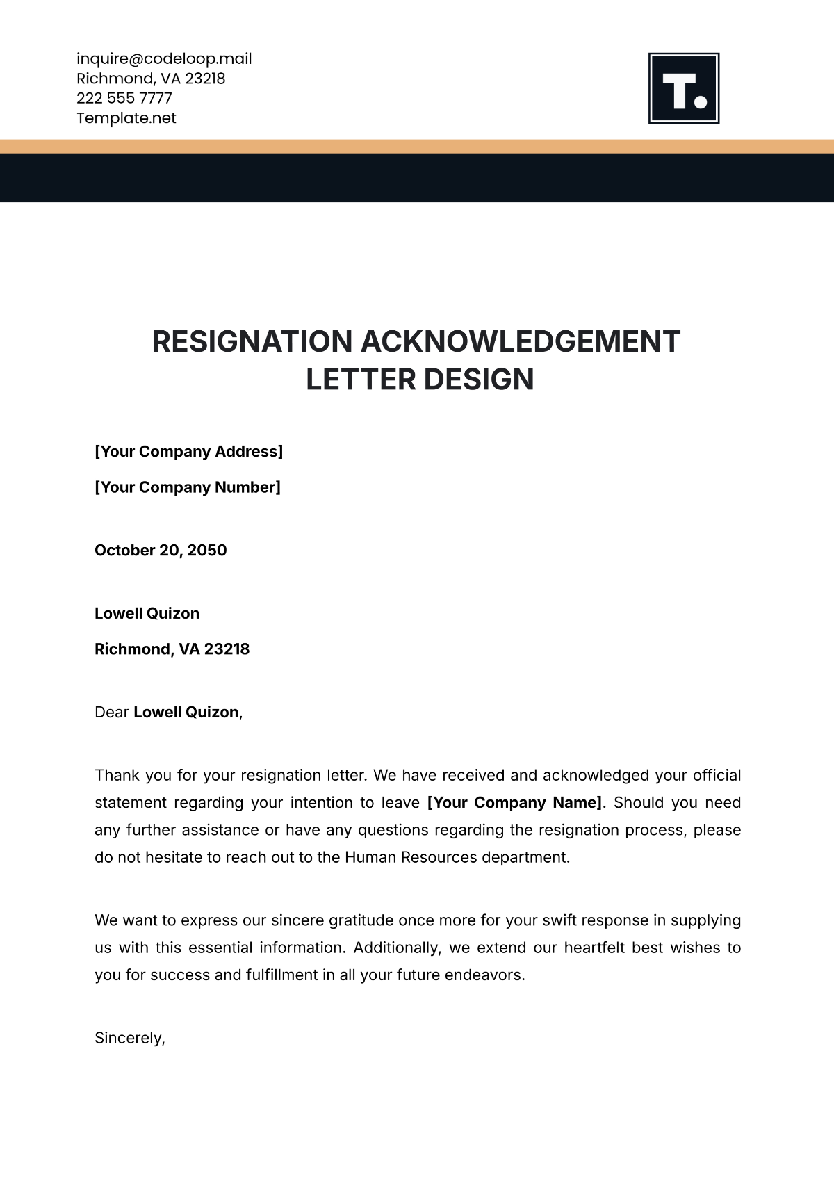 Resignation Acknowledgement Letter Design Template - Edit Online & Download