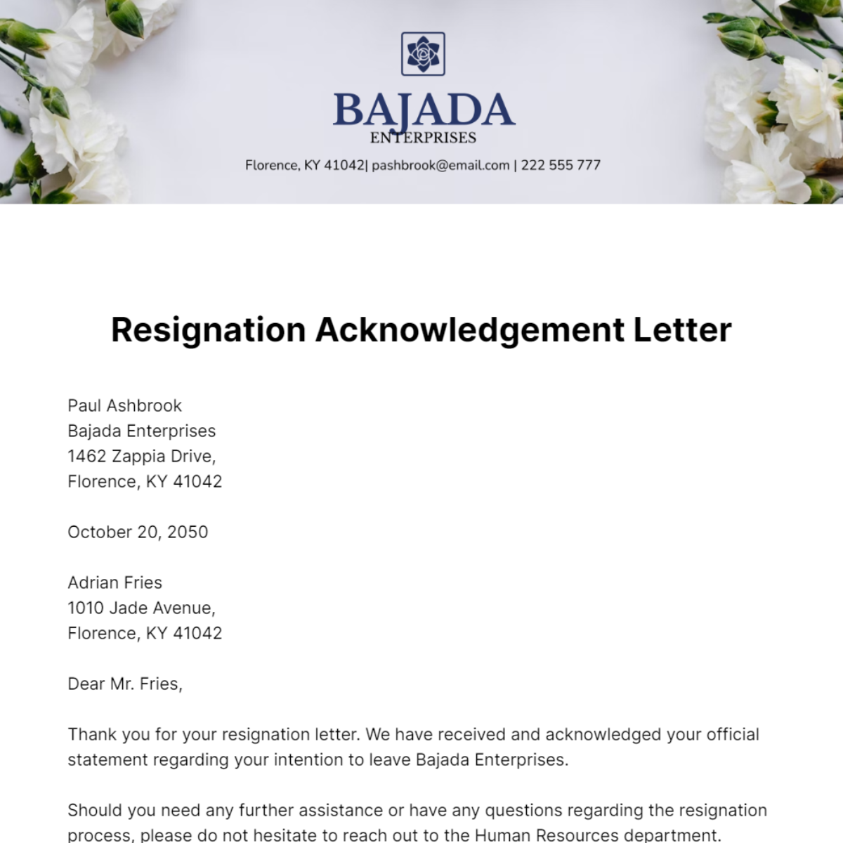 Resignation Acknowledgement Letter   Template
