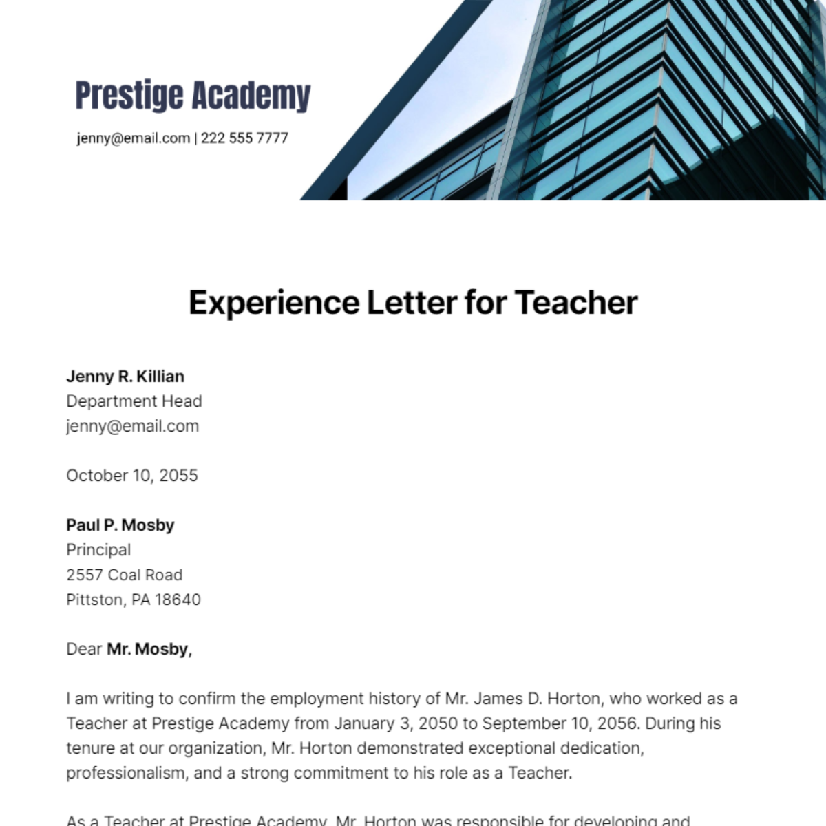 Free Experience Letter for Teacher   Template