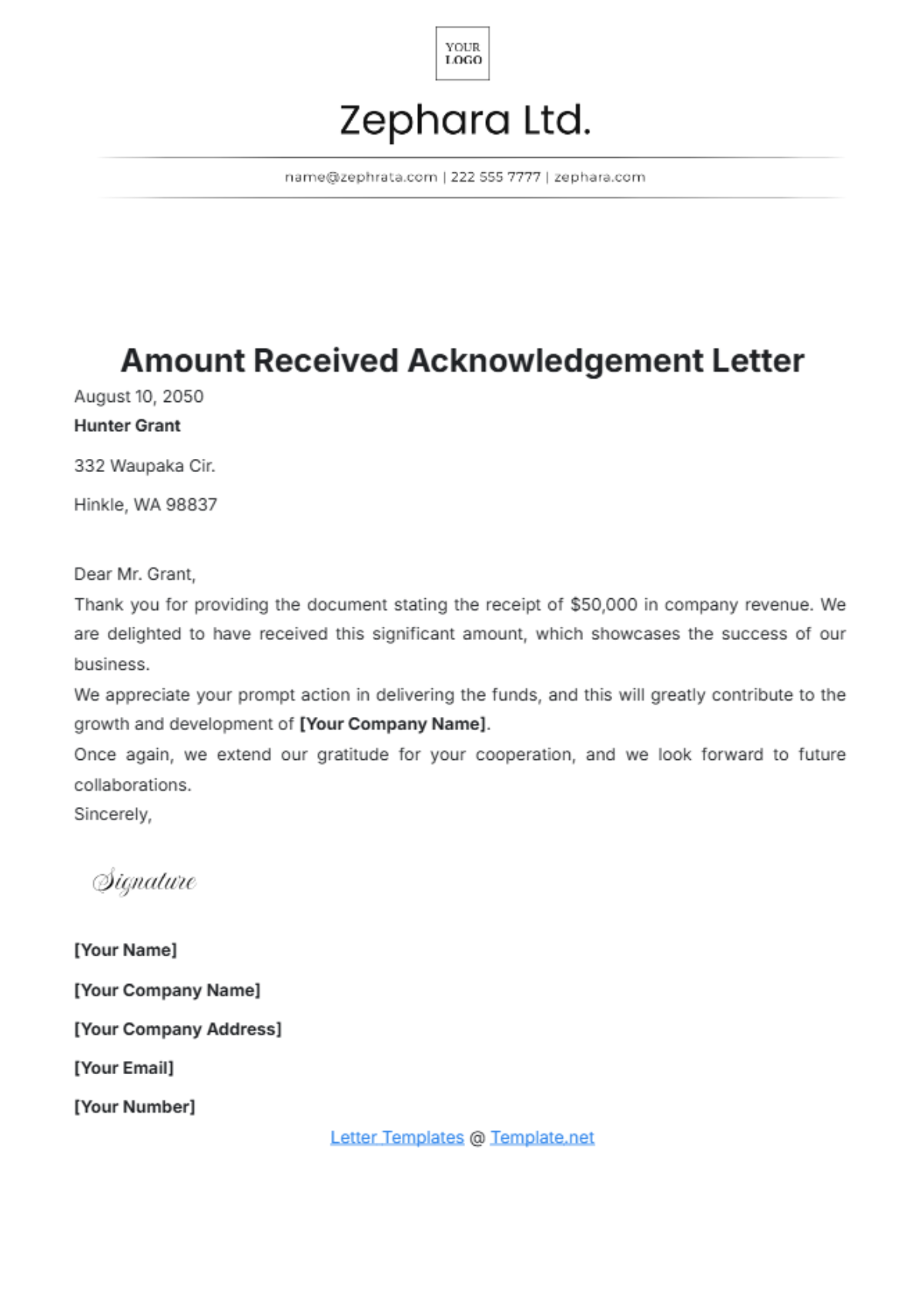 Amount Received Acknowledgement Letter Template