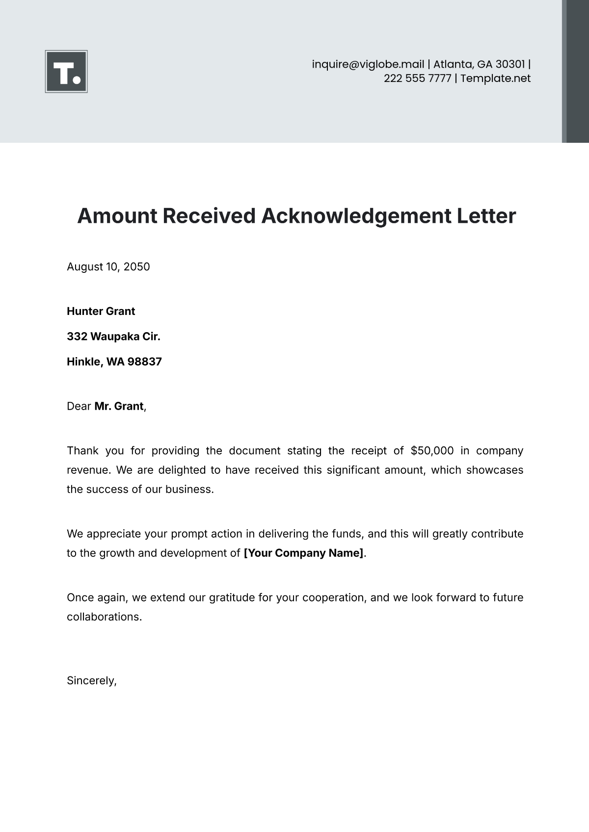 Amount Received Acknowledgement Letter Template - Edit Online & Download