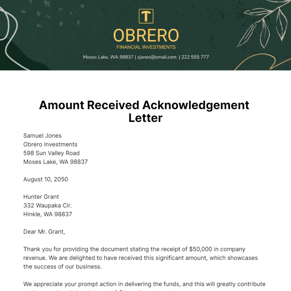 Amount Received Acknowledgement Letter   Template