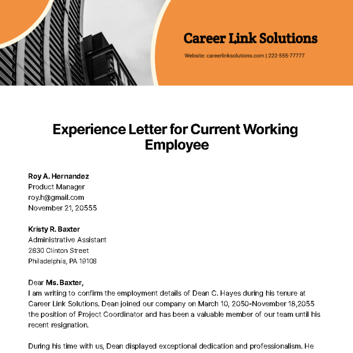 Free Experience Letter for Current Working Employee   Template