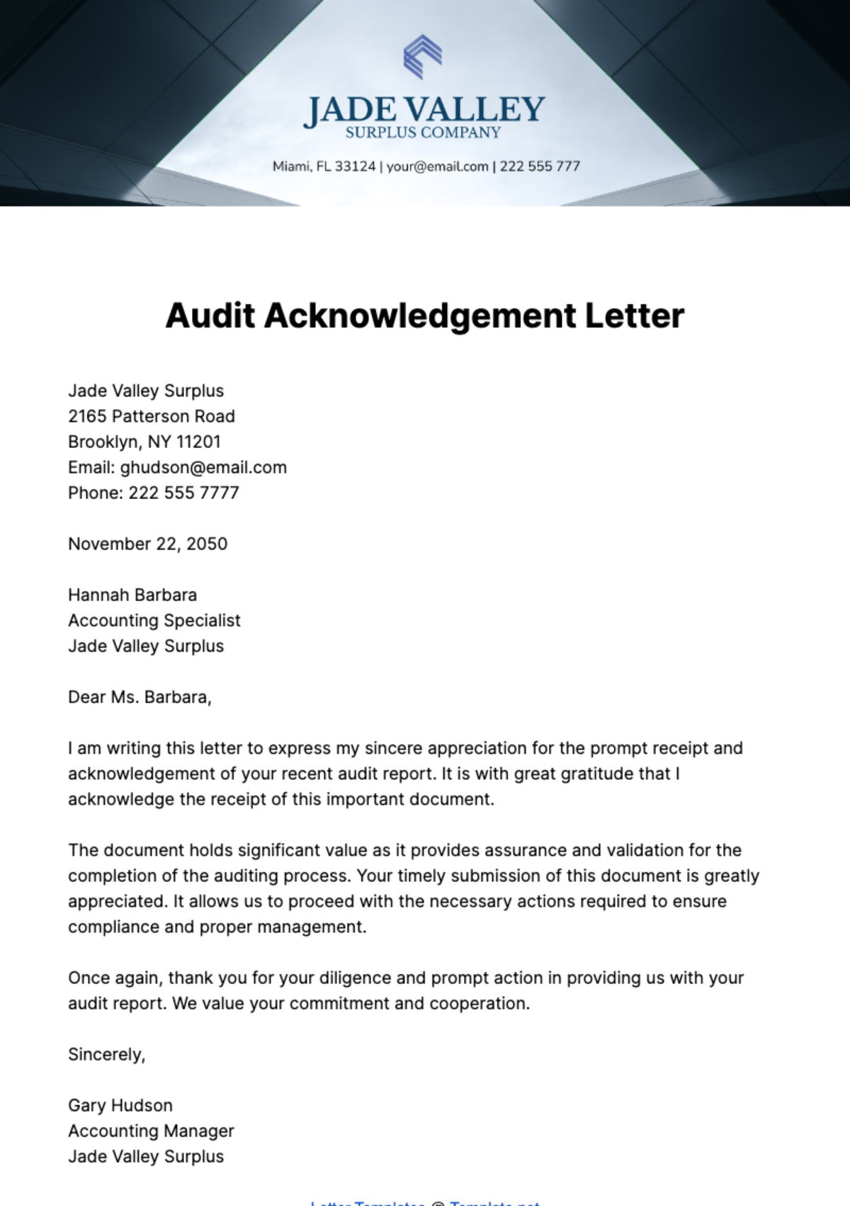 Free Audit Acknowledgement Letter   Template