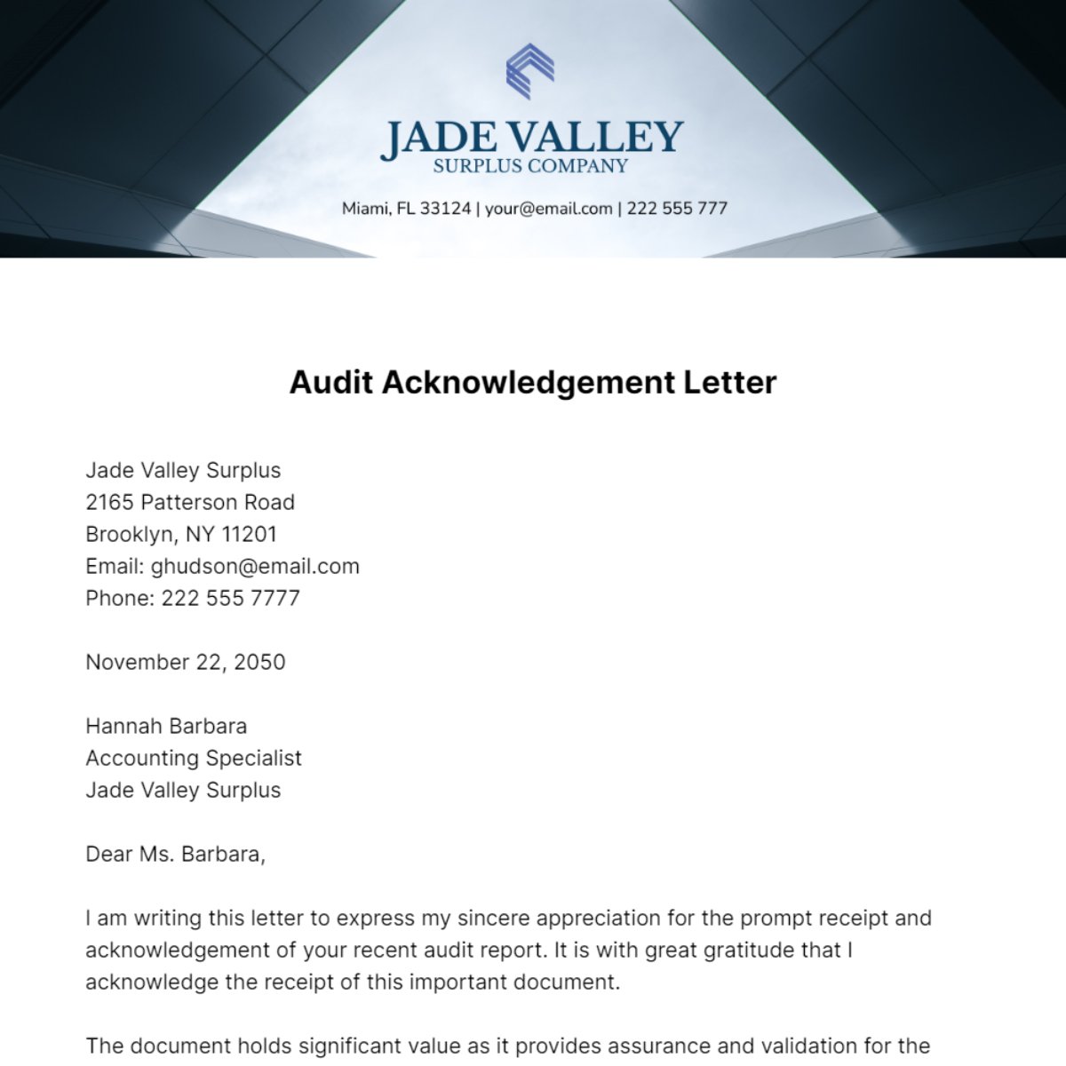 Audit Acknowledgement Letter   Template