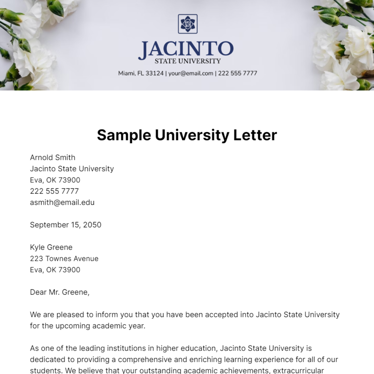 Sample University Letter Template