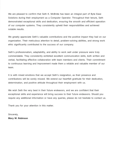 Free Computer Operator Experience Letter   Template to Edit Online