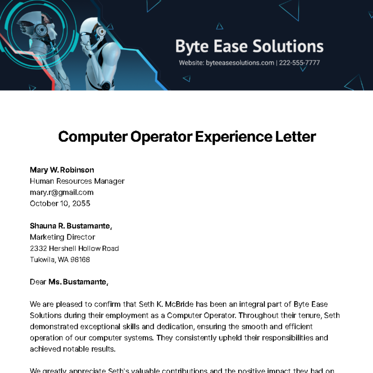 Computer Operator Experience Letter   Template