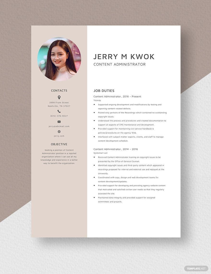 Free Content Administrator Resume in Word, Apple Pages