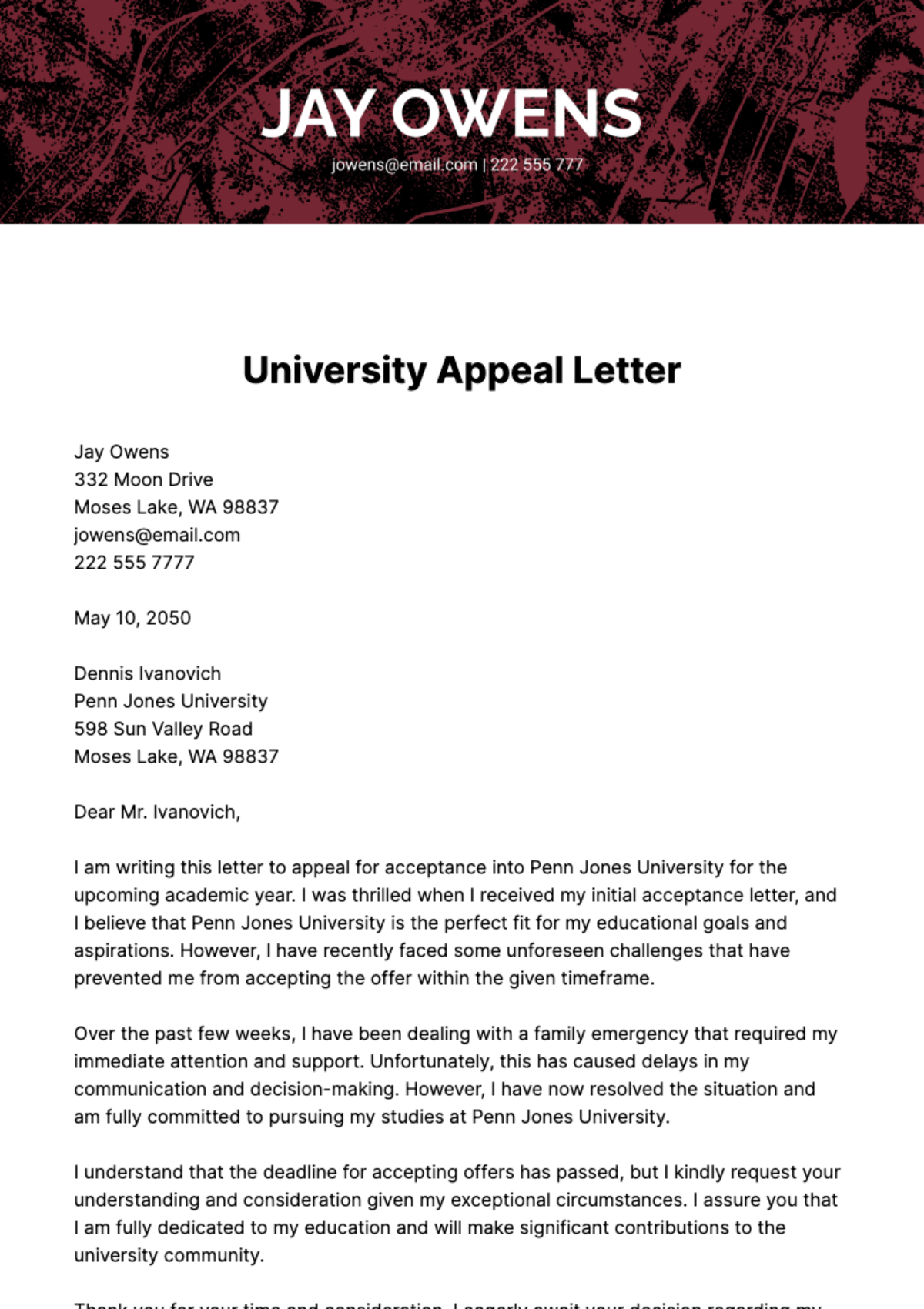 Free University Appeal Letter   Template