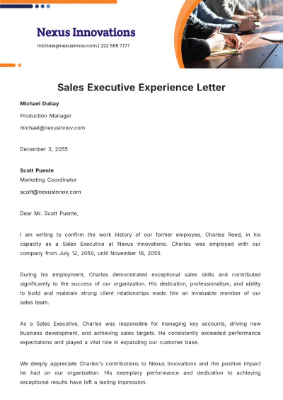 Free Sales Executive Experience Letter   Template to Edit Online