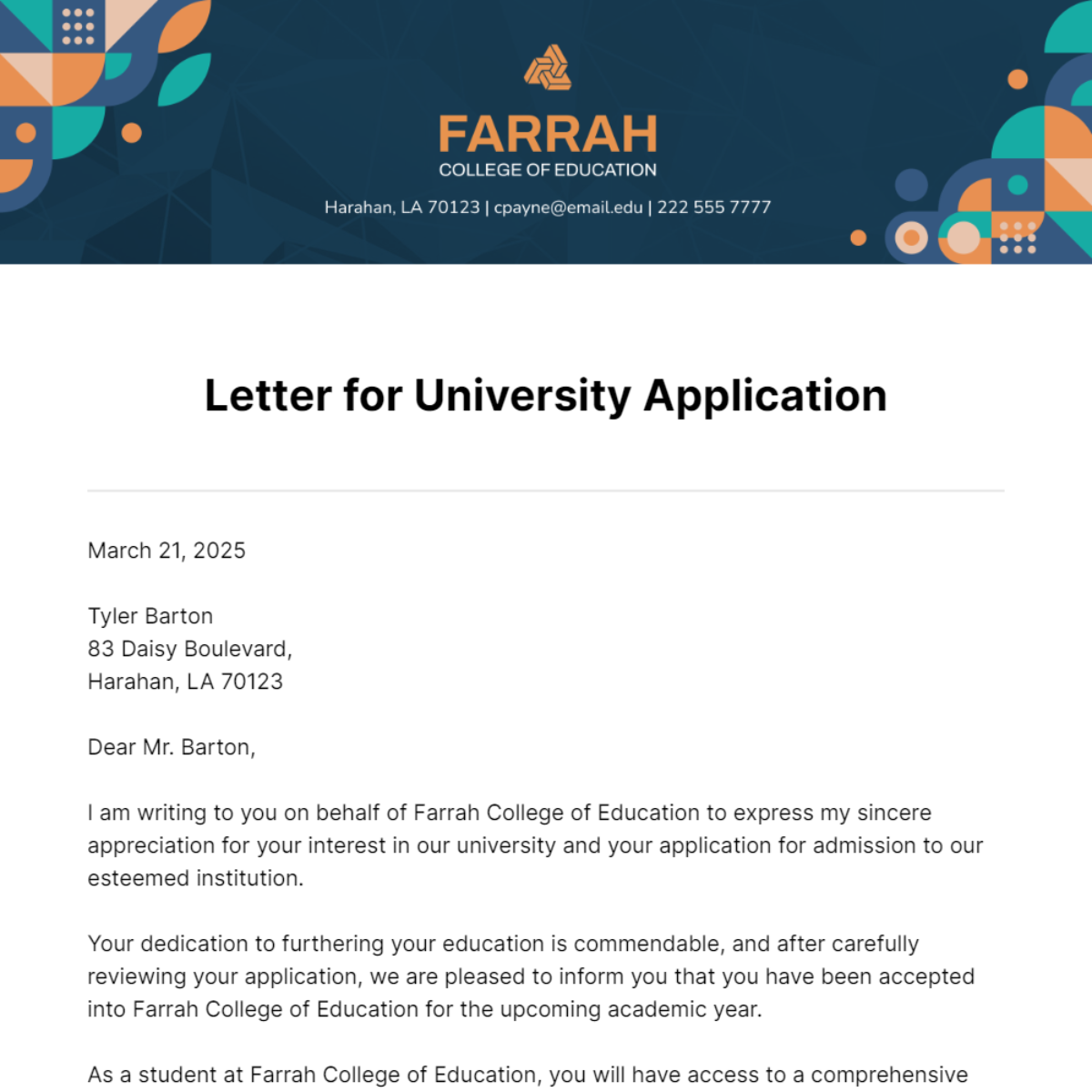 Letter for University Application Template