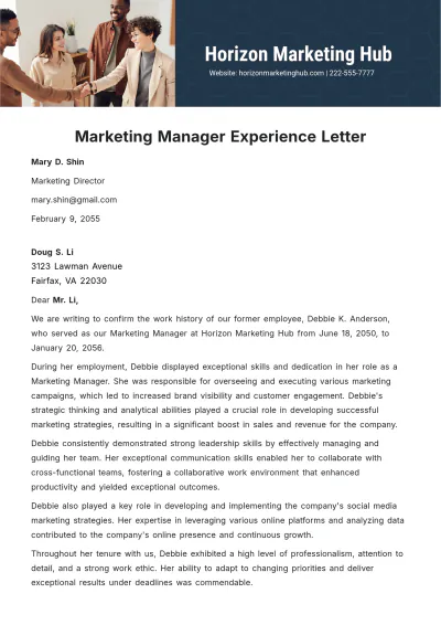 Free Marketing Manager Experience Letter   Template to Edit Online
