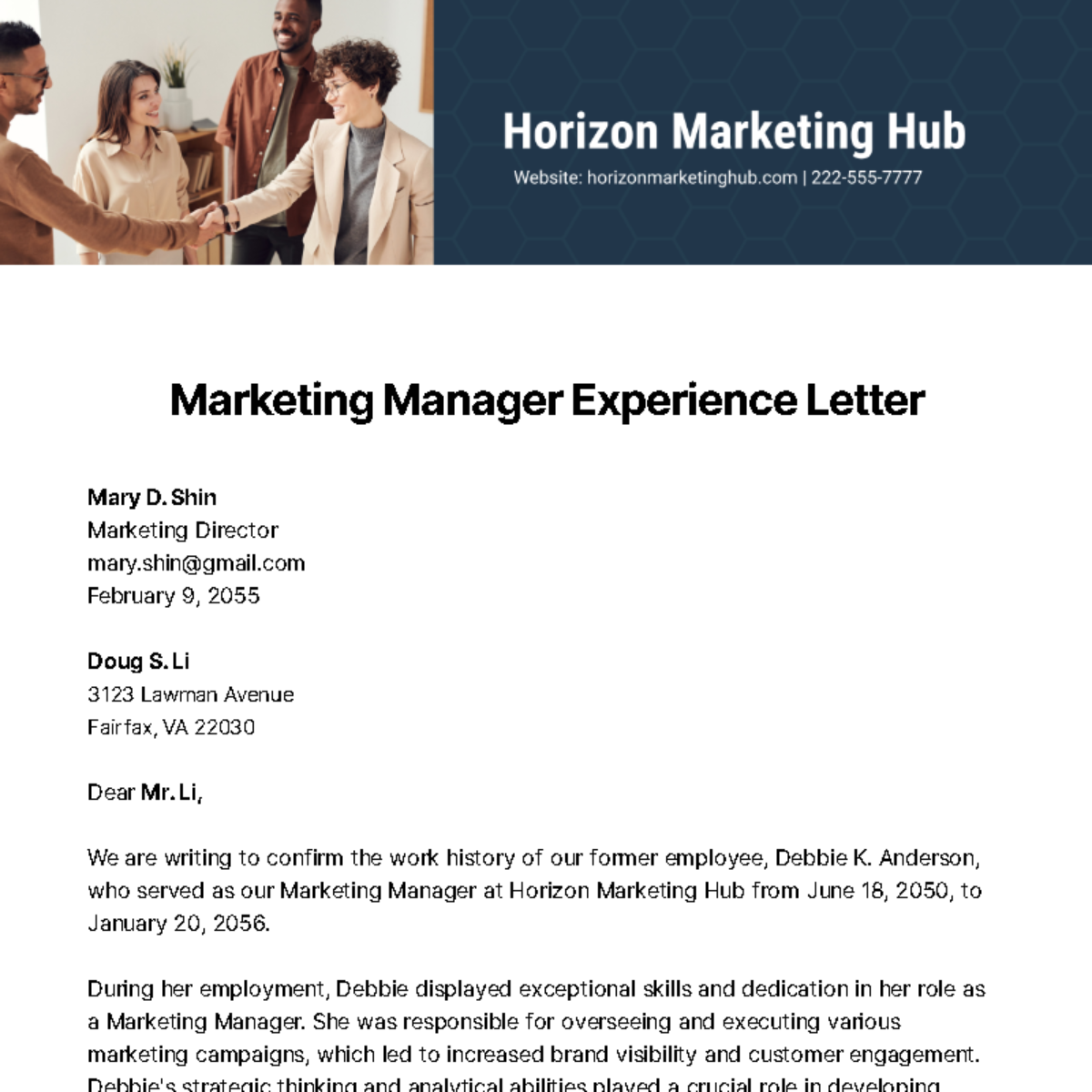 Marketing Manager Experience Letter   Template