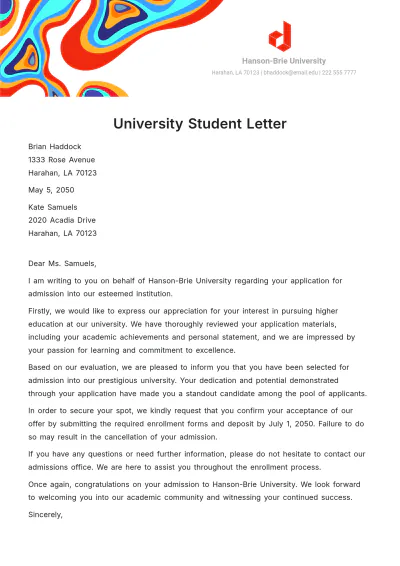 Free University Student Letter   Template to Edit Online