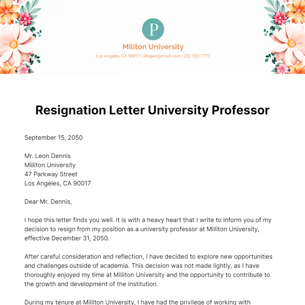Resignation Letter University Professor   Template