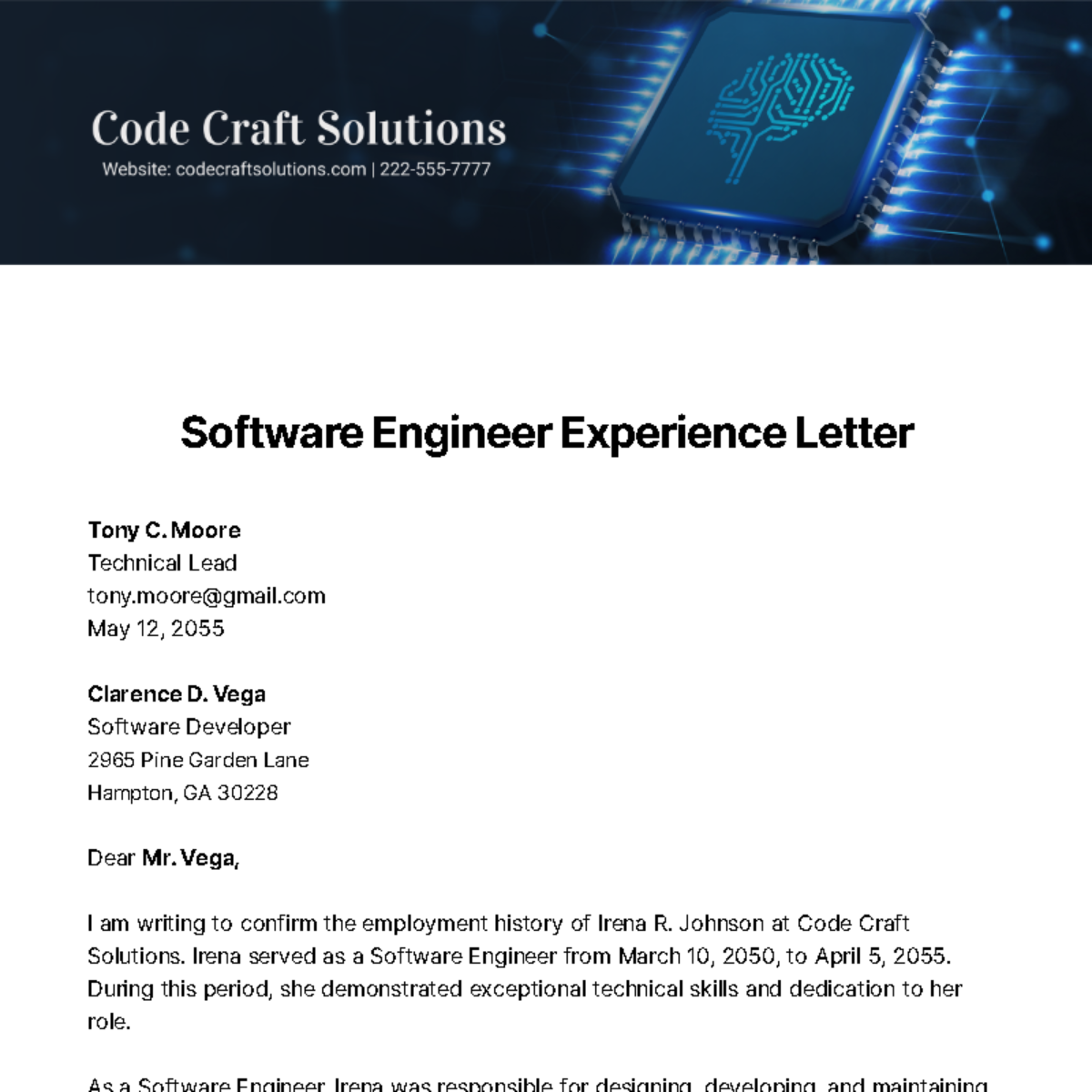 Software Engineer Experience Letter   Template