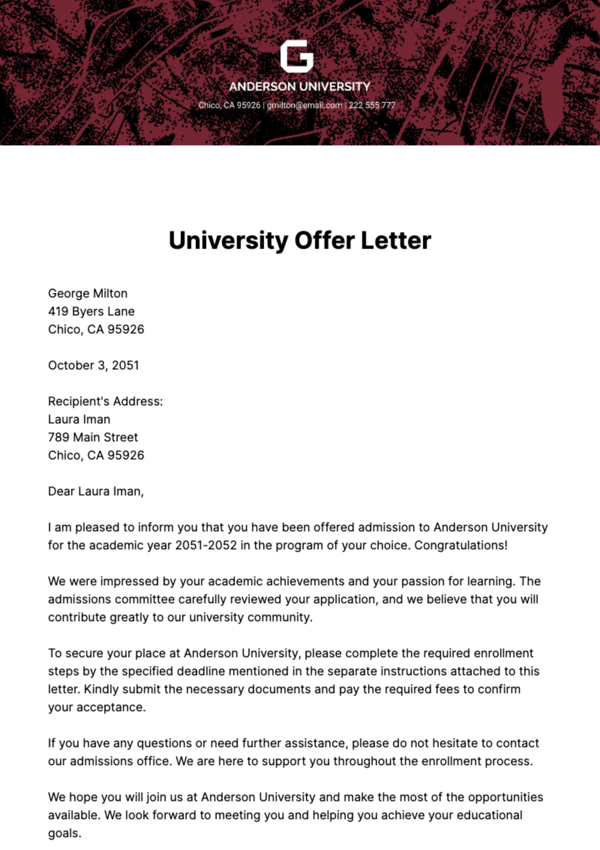Free University Offer Letter   Template